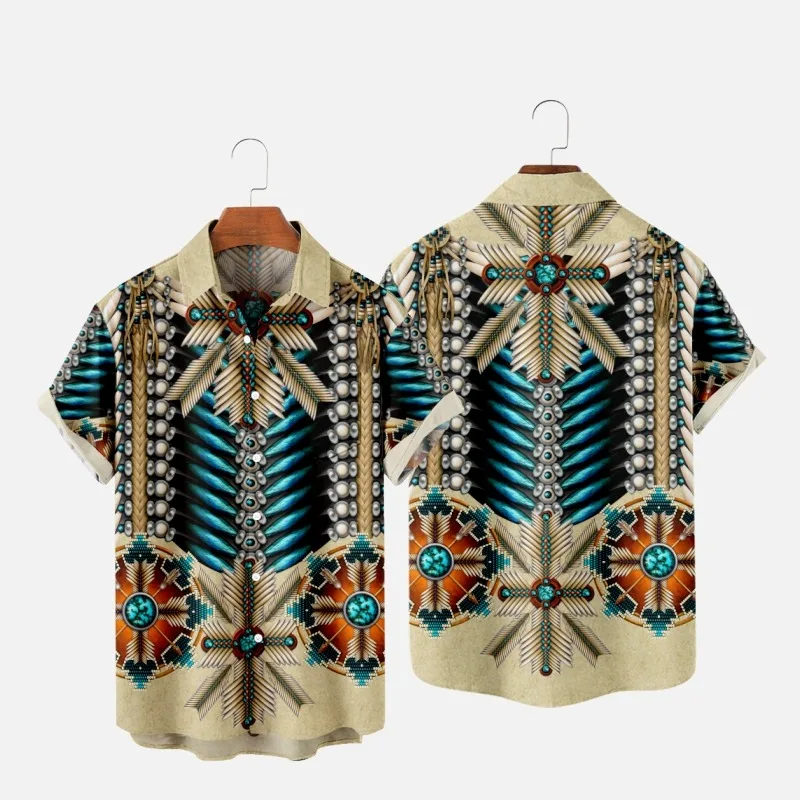 Men's Fashion Summer T-Shirts Hawaiian Indians 3d Print Cozy Casual One Button Shirts Short Sleeve Beach Oversized Shirts 8