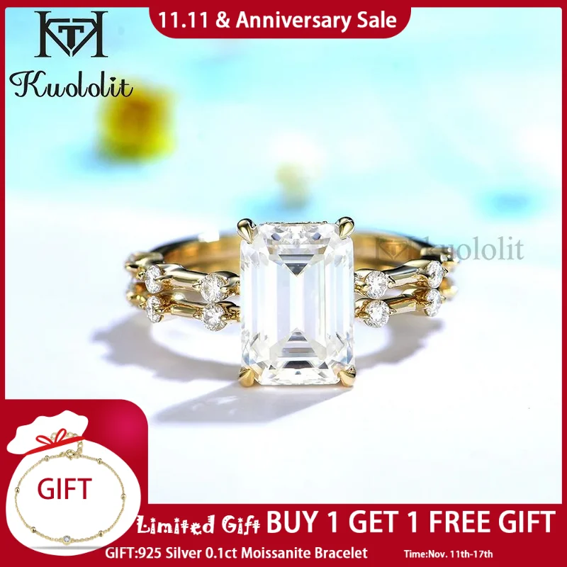 

Kuololit 3.5CT Moissanite AU750 18K 14K White Gold Set Ring for Women Emerald Cut D VVS Hide Halo Solitaire Ring for Engagement
