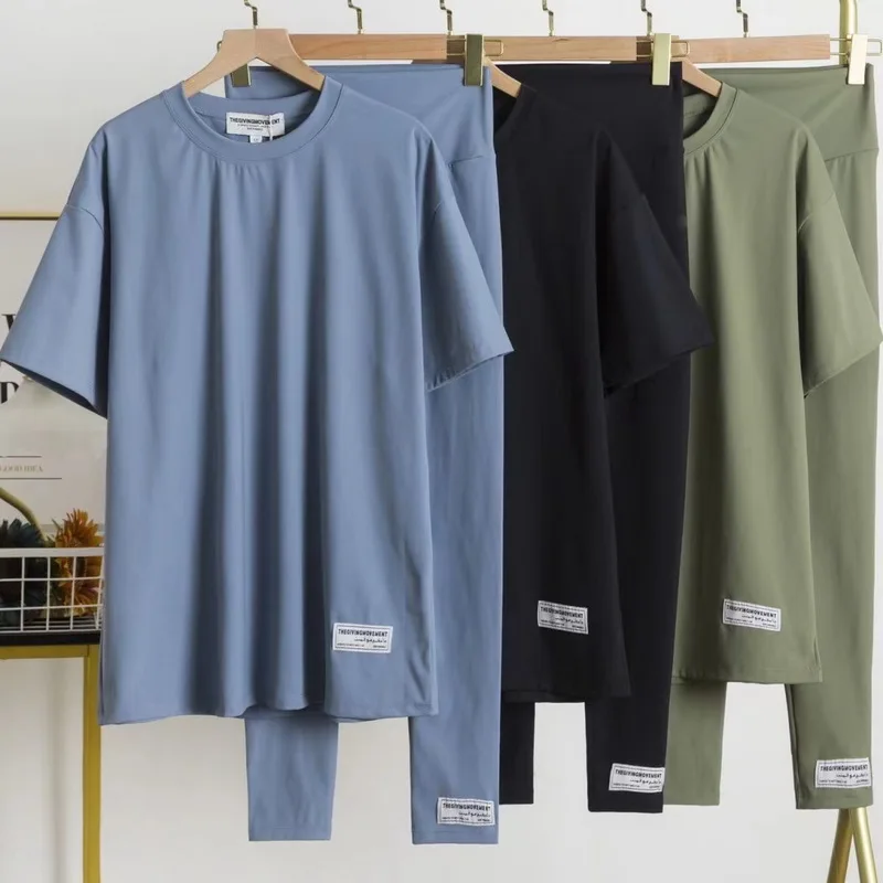 

TGM Women Sportswear Suit Short Sleeve T-Shirt Yoga Crew Neck Top Pants Set Fashion Ladies Runing Trousers Two Piece Set Outfits