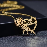 personality hollow out heart type rose flower pendant necklace custom name stainless steel women necklace jewelry christmas gift