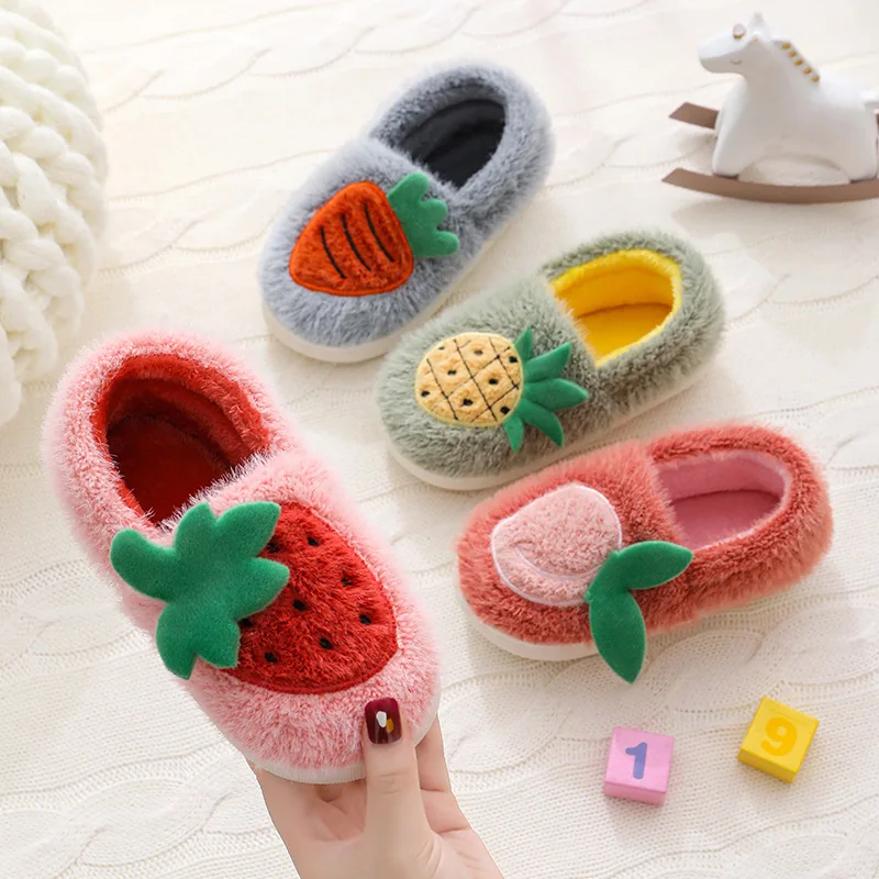 Cartoon Fruit Children's Slippers Winter Warm Furry Floor Slippers for Kids Soft Bottom Warm Plush Boys Girls Home Shoes