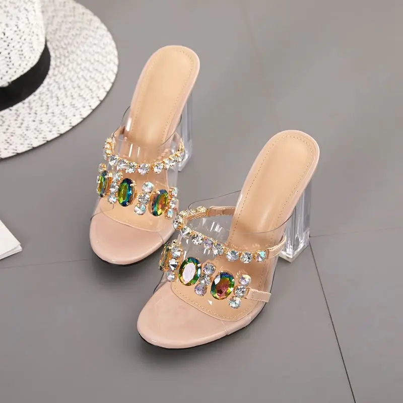 2022 Summer Sexy Rhinestone High Heels Transparent Glass Crystal Slippers Open Toe Elegant Fashion Shoes  Clear Slippers Women