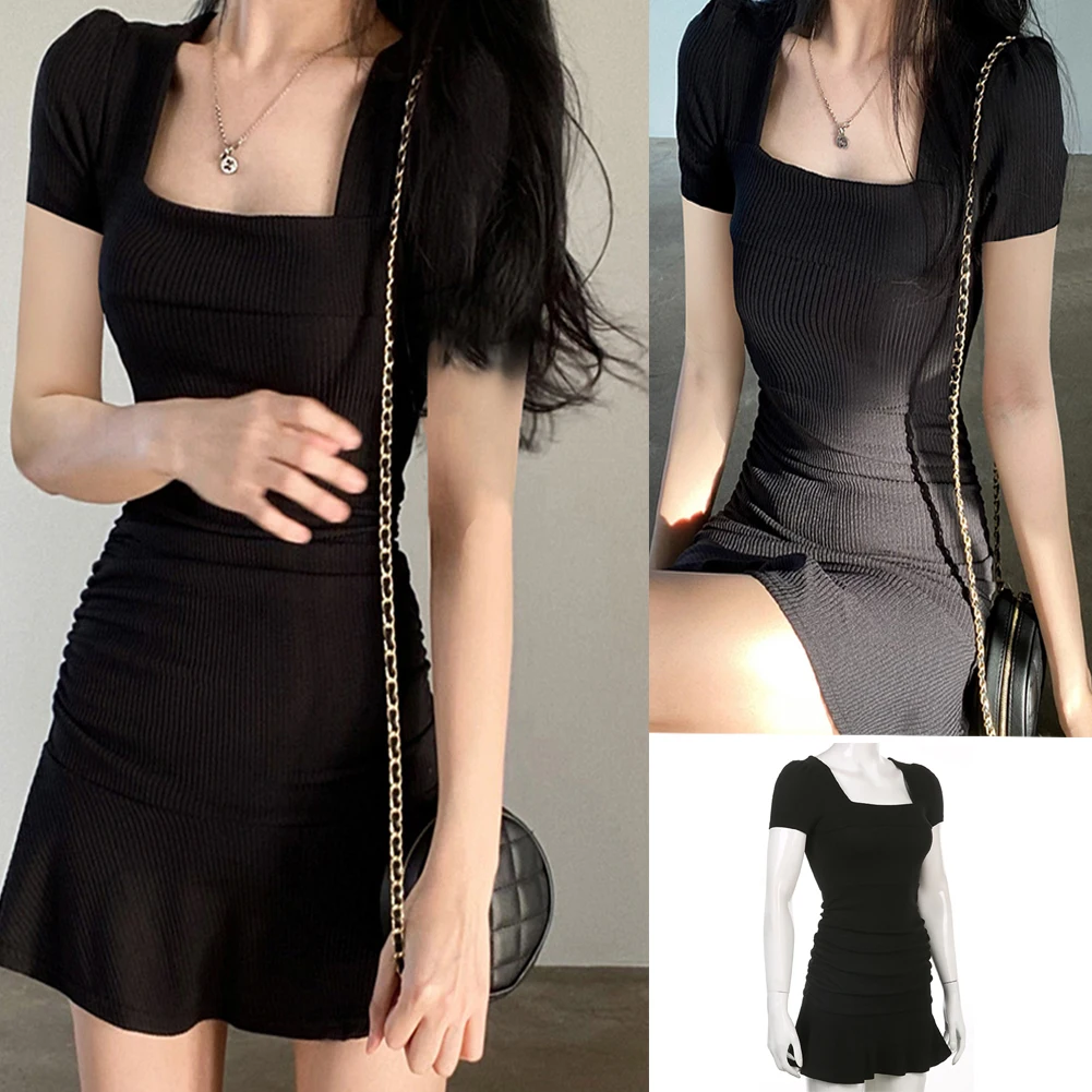 

Женское черное сексуальное платье с оборками, элегантное облегающее короткое платье с квадратным вырезом, женское трикотажное Плиссирован...