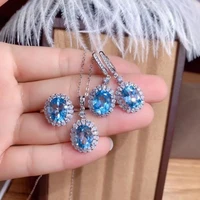 meibapj natural blue topaz necklace earrings ring for women real 925 sterling silver blue stone fine wedding jewelry set