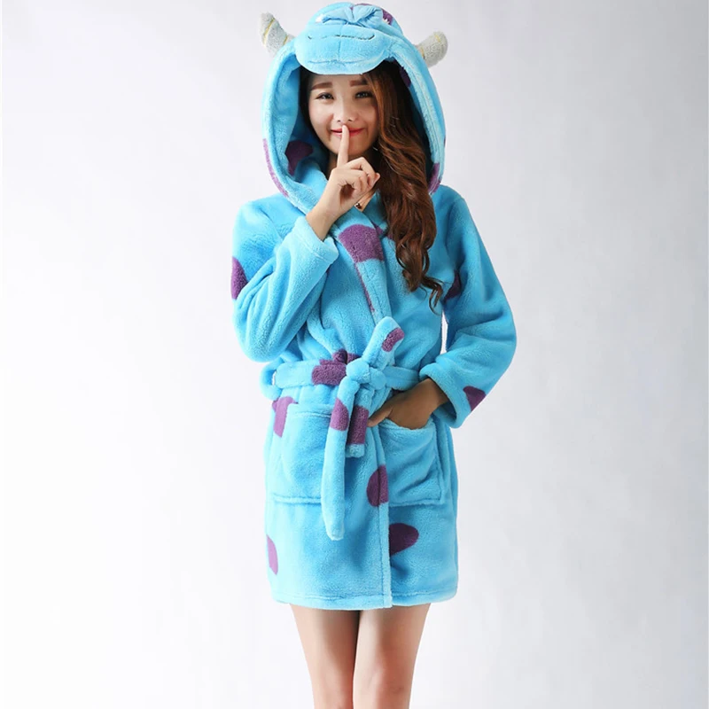 Adults Animal Flannel Bath Robe Sleepwear Women Bathrobe Nightgown Thick Warm Robe Winter Panda Unicorn Cartoon Plush Pajamas