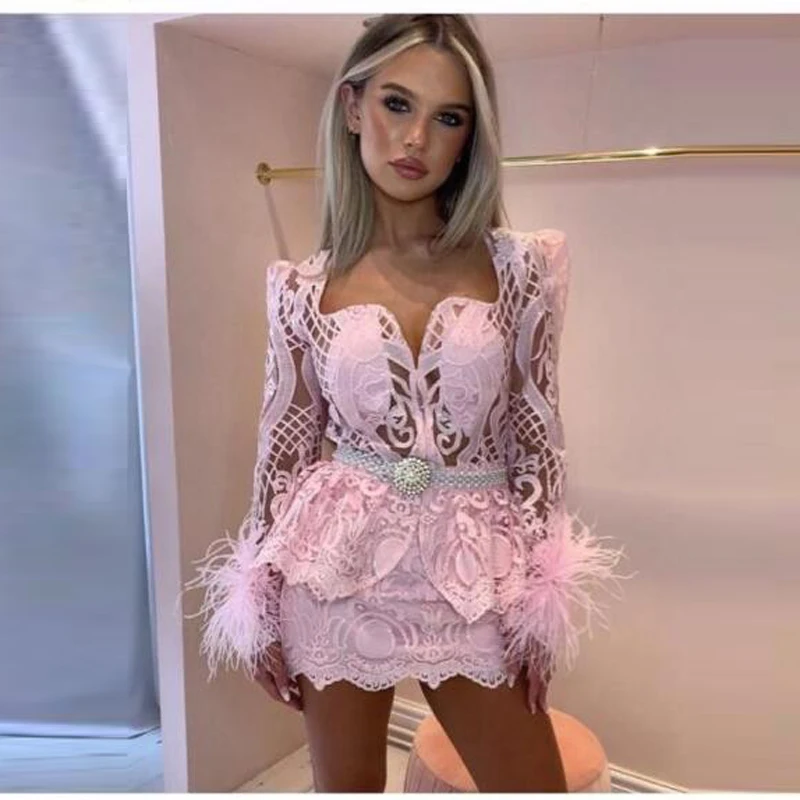 

Pink Cropped Cocktail Dress Pearl Beaded Appliqué Arabian Party Dress Lace Ball Gown