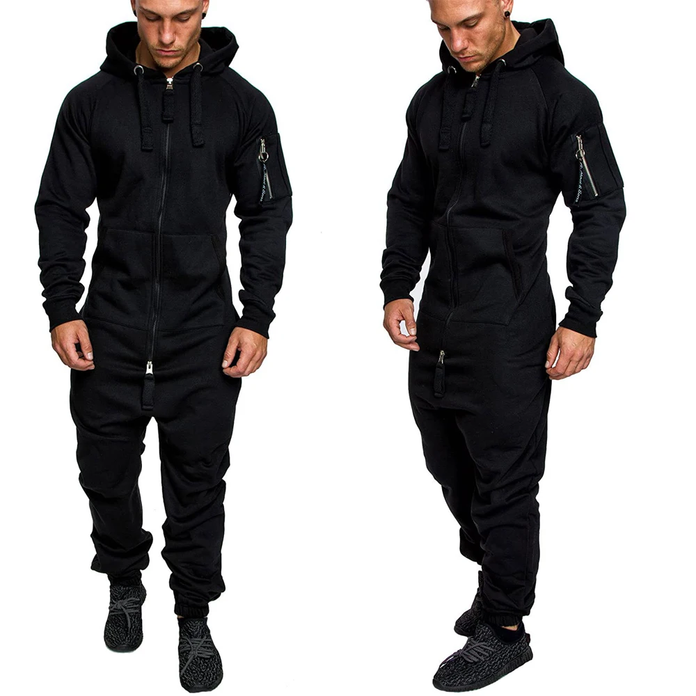 

Men's Hooded Jumpsuit Autumn Camouflage Long Sleeve Zipper Rompers Fashion Fitting Casual Sports Fitness Clothes with Pockets