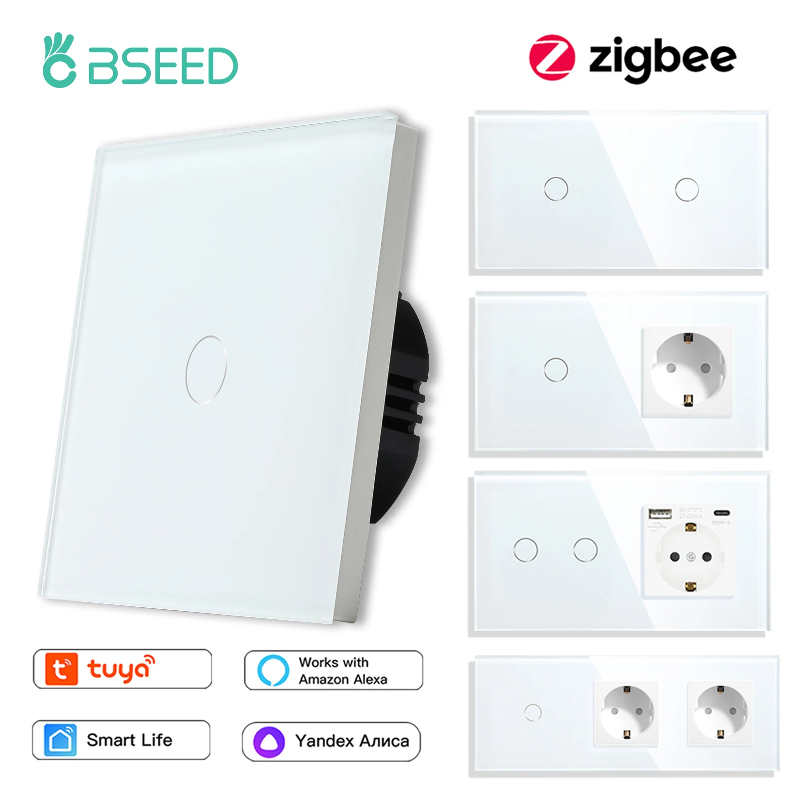 

BSEED Zigbee 1/2/3Gang Wall Touch Switches Tuya Smart Life Alexa Control Plus EU Wall Socket USB Type-c Ports No Neutral Version