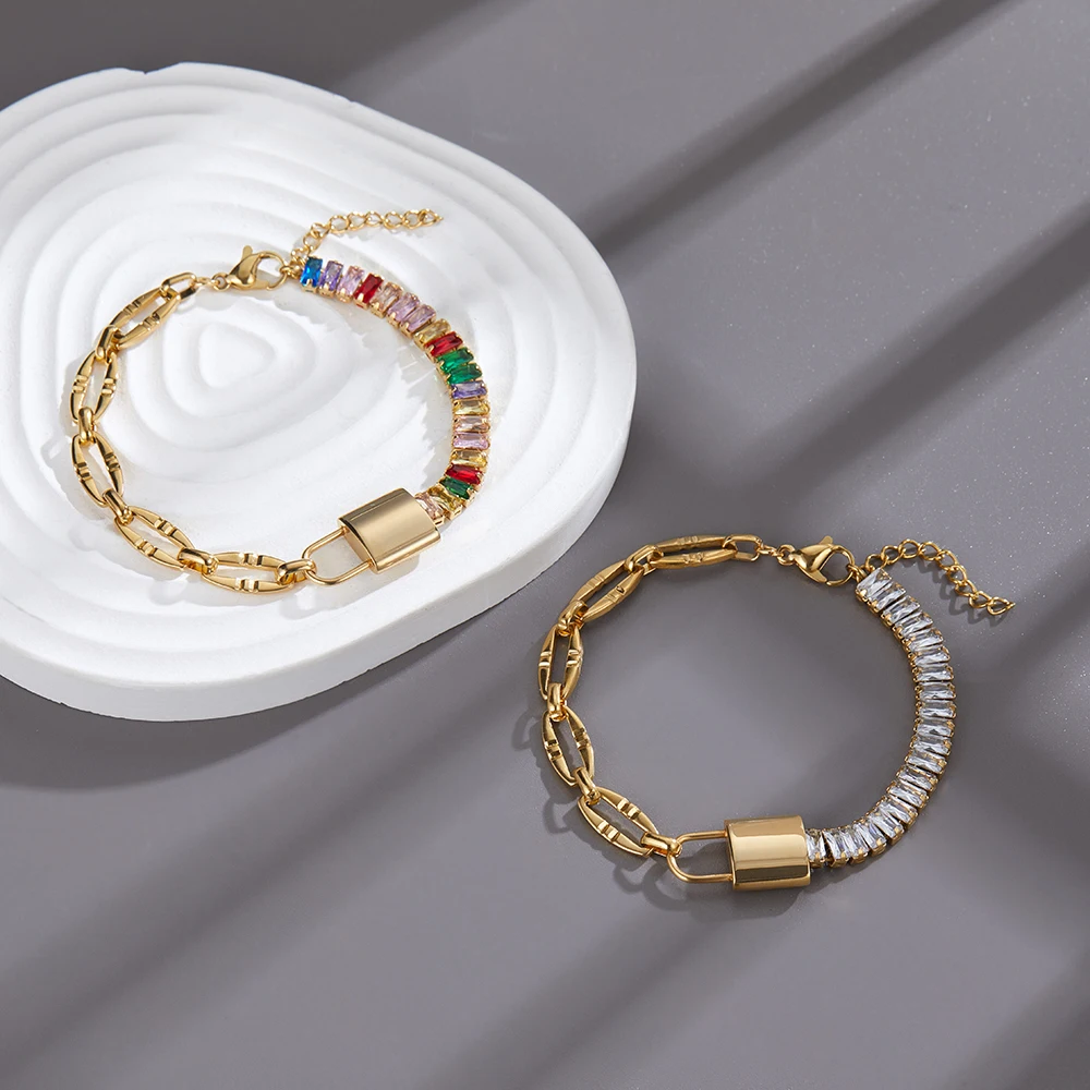 

Lover's Lock Pendant Bracelets Bangles CZ Zircon Lock Charm Silvery Bracelets For Women Trendy Padlock Key Fashion Jewelry Gifts