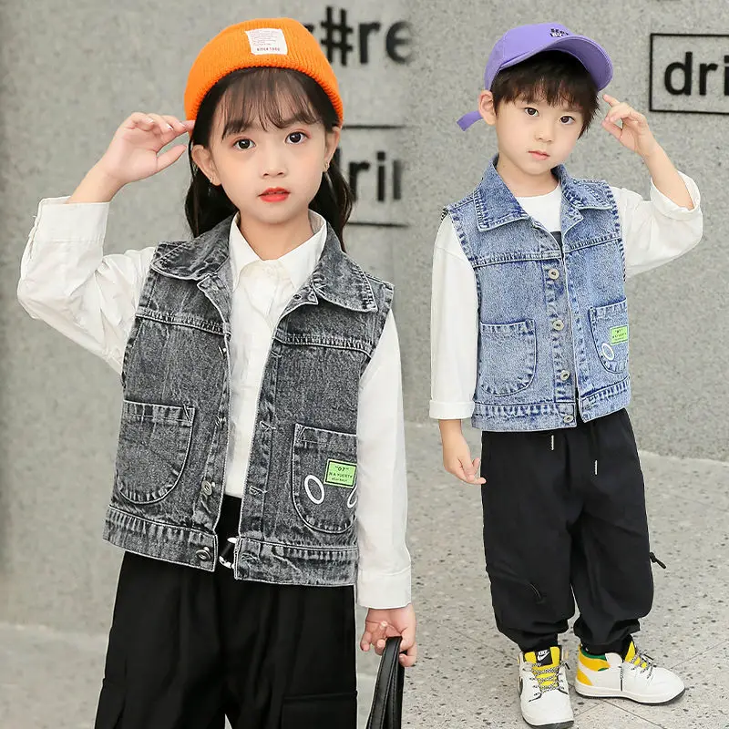 Жилет джинсовый для маленьких мальчиков и девочек куртка без рукавов модный
