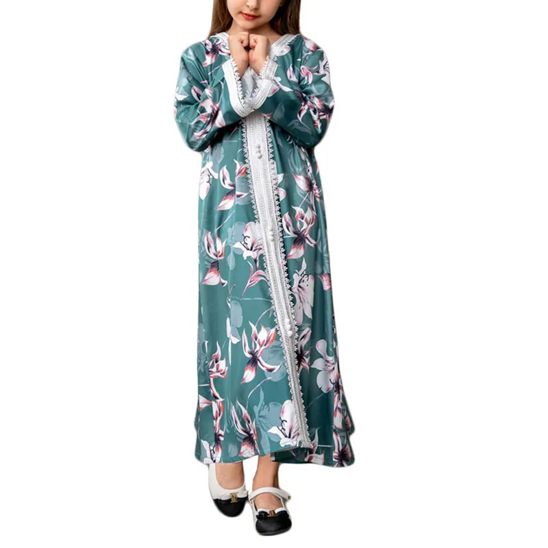 

Ramadan Eid Muslim Girls Hijab Dress Floral Print Robe Dubai Turkey Kids Abaya Islam Clothing Caftan For Children