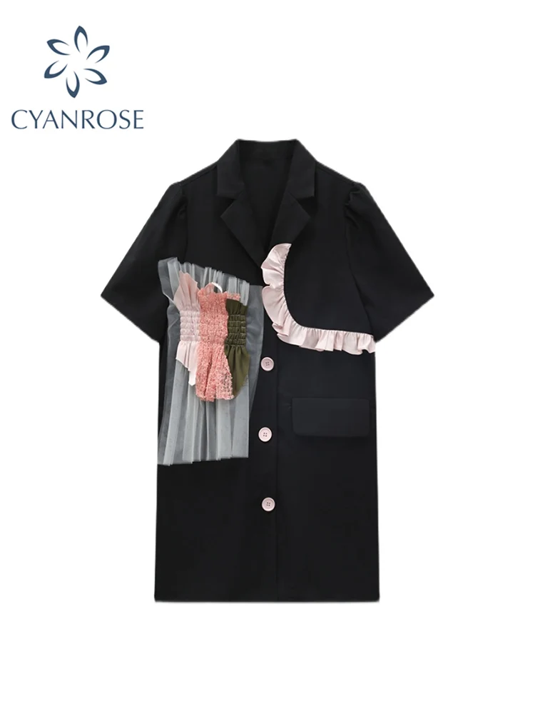 

2022 Women Blazer Dress Single Breasted Short Sleeve V-neck Dress Vintage Elegant Office Ladies Ruffle Edge Patchwork Vestidos