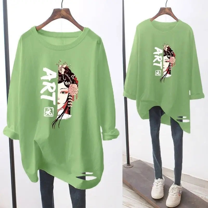 Свободная Повседневная модная женская футболка с длинным рукавом и круглым