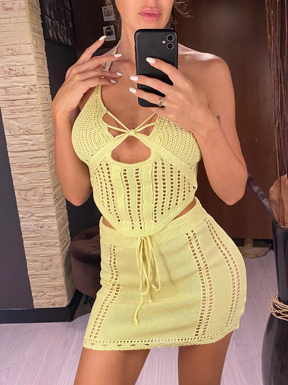 Фото Вязаная туника с вырезами и завязками на шее, пляжная накидка, пляжное платье, пляжная одежда, комплект из двух предметов для женщин V6114 №4