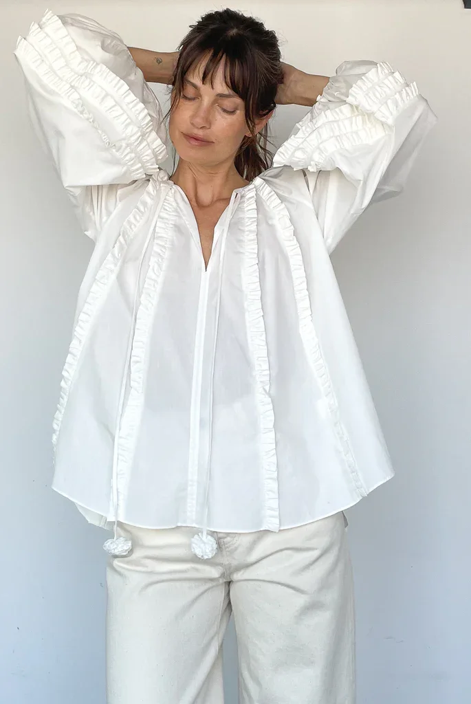 

2023 New V Neck Long Lantern Sleeve Wooden Ear Edge Decoration Women Romantic Loose Shirt Top