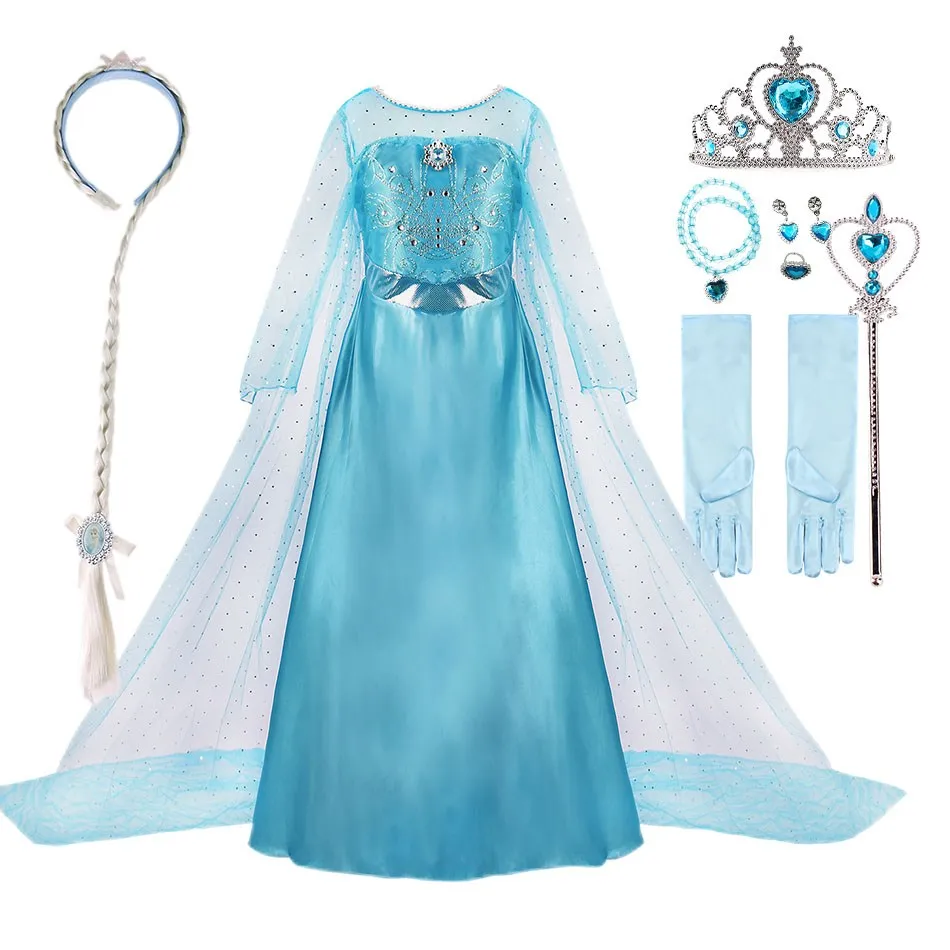 

Kids Halloween Cosplay Costume Frozen Elsa Princess Dress For Girls Party Dresses Children Long Sleeves Vestidos With Cloak