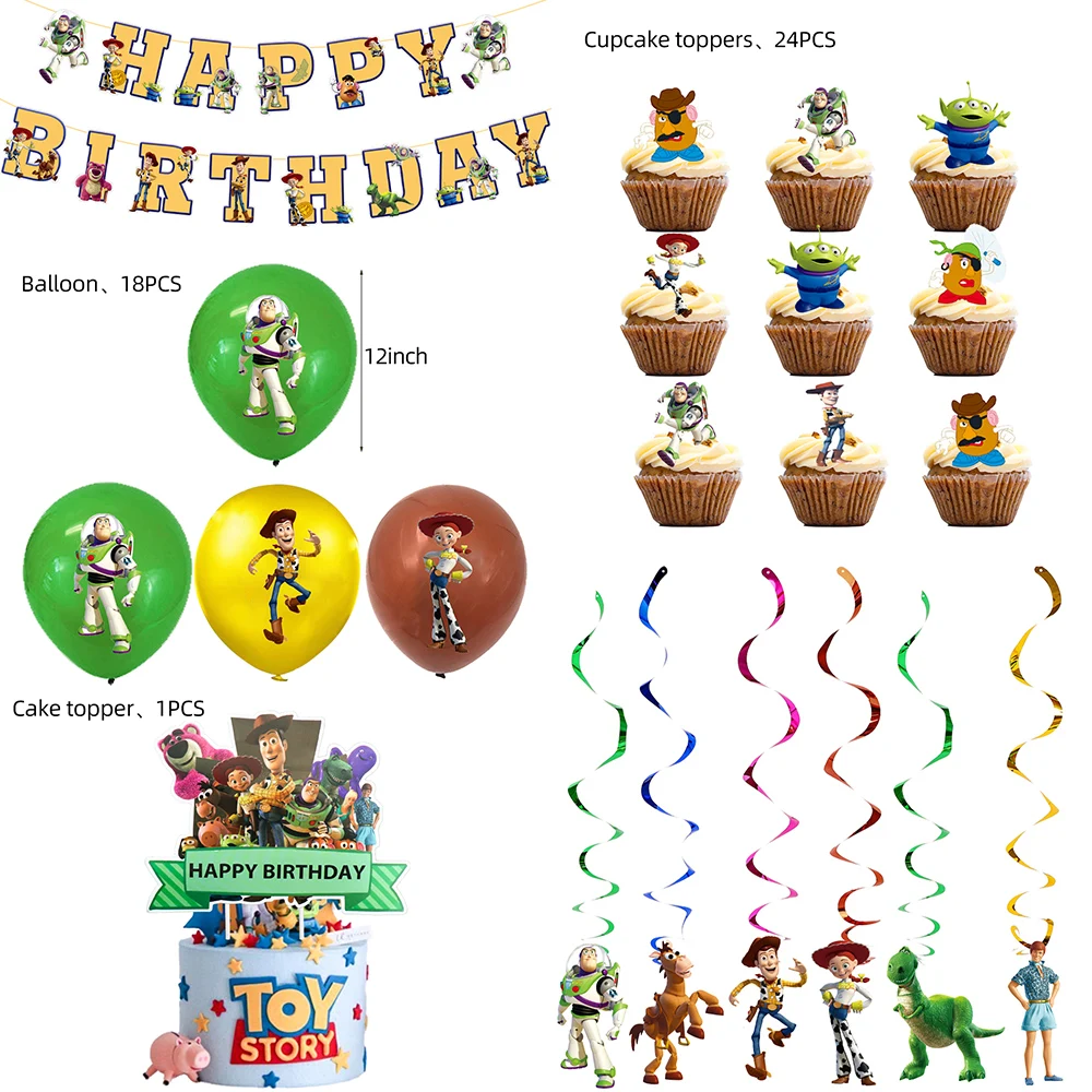 

Disney Toy Story Theme Party Decorations Baby Shower Disposable Tableware Cake Topper Banner Balloons Kids Birthday Supplies