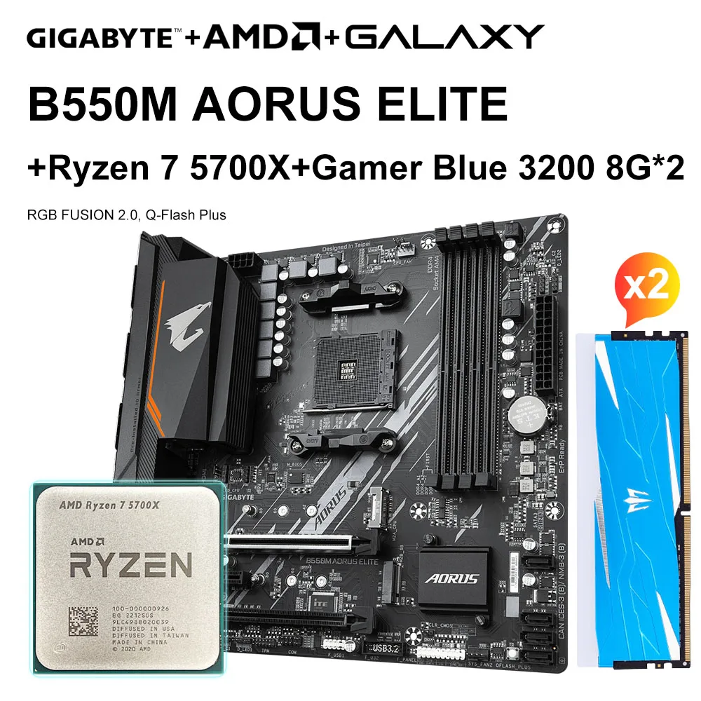 

GIGABYTE B550M AORUS ELITE Motherboard Set + AMD Ryzen 7 5700X R7 5700X CPU Processor + GALAXY 8G 3200 8G*2 RAM Desktop Gaming