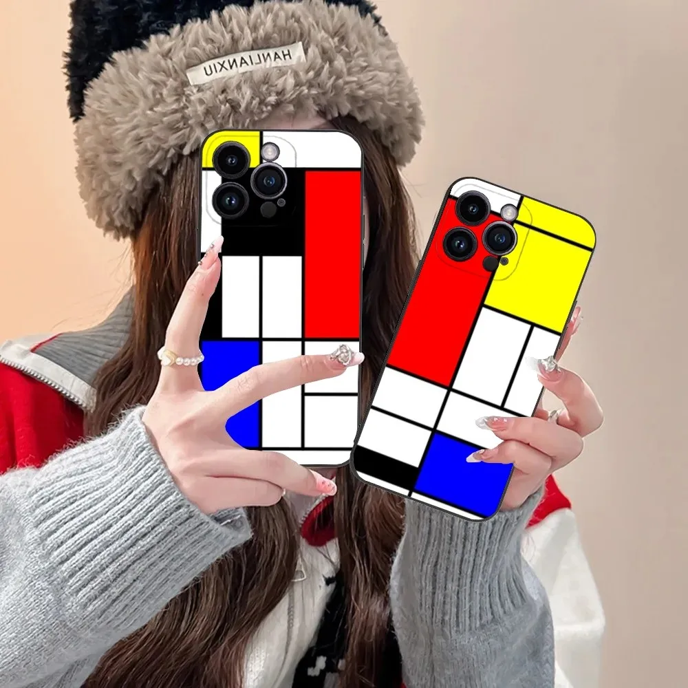 TOPLBPCS Mondrian Grid Phone Case For iPhone 16 15 14 13 12 11 Plus Pro Max XS X XR SE Mini 8 7 Soft Silicone Black Cover