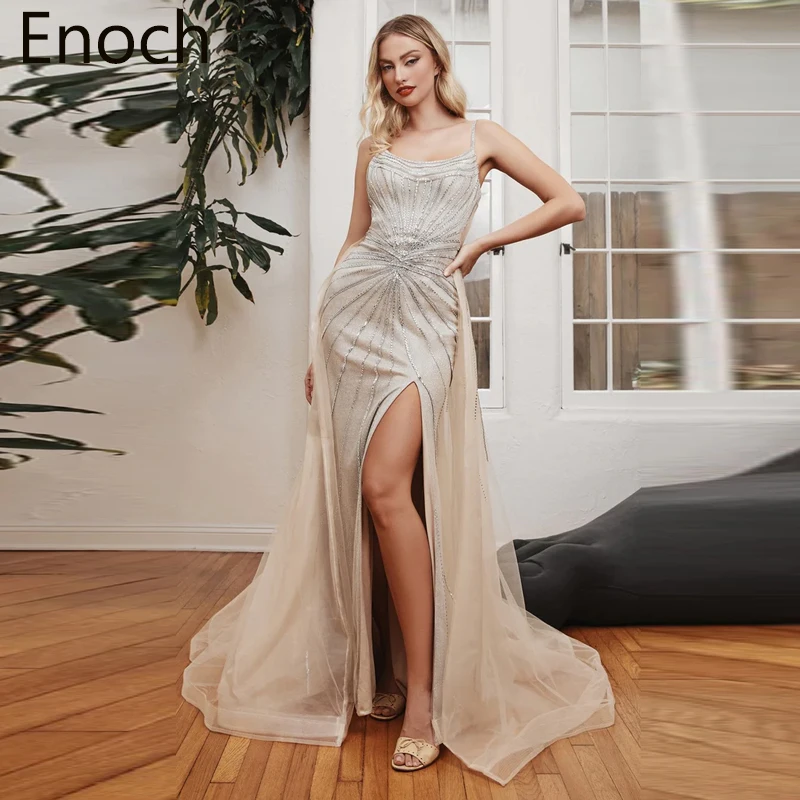 

ENOCH Sexy Mermaid Sparkly Evening Dress O Neck Side Split Cocktail Prom Party Gown Spaghetti Strap Vestido De Noche Court Train