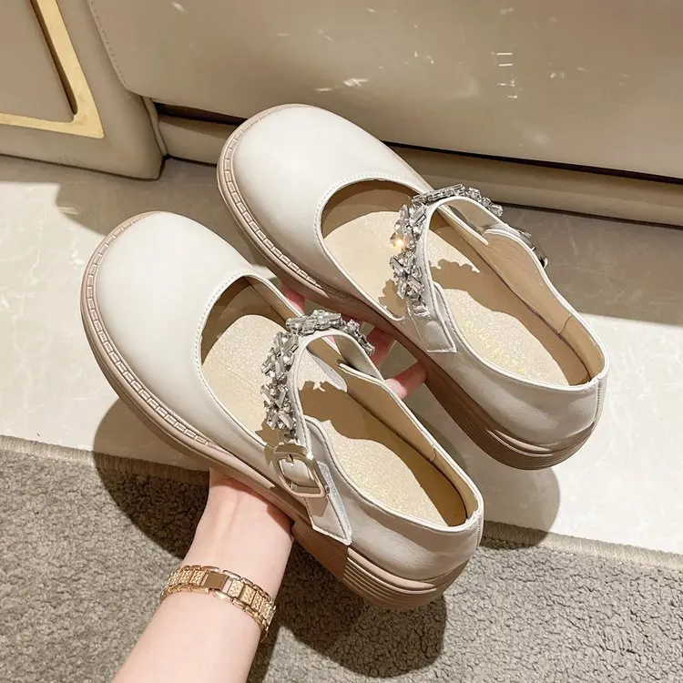 

Summer Ladies Casual New Solid Color Loafers Ladies Snowflake Pearl Mary Jane Shoes Round Toe Square Heel Pumps Platform Shoes