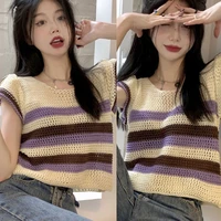 summer hollow knitted t shirt crewneck colorblock striped short sleeve loose sweater jumper crop top cover up for women