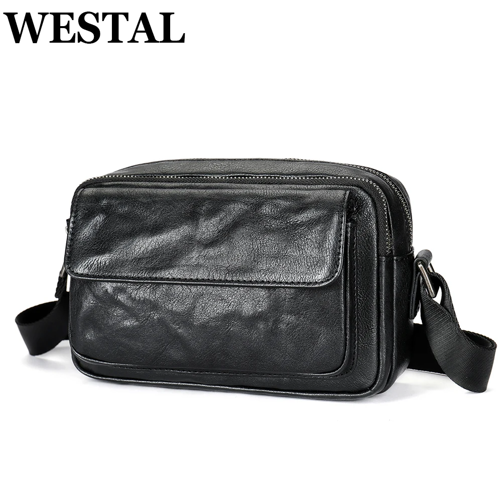 

WESTAL Leather Satchels Crossbody Bag Cowhide Men Business Messenger Shoulder Bag Ipad Travel Office Student Square Preppy Style