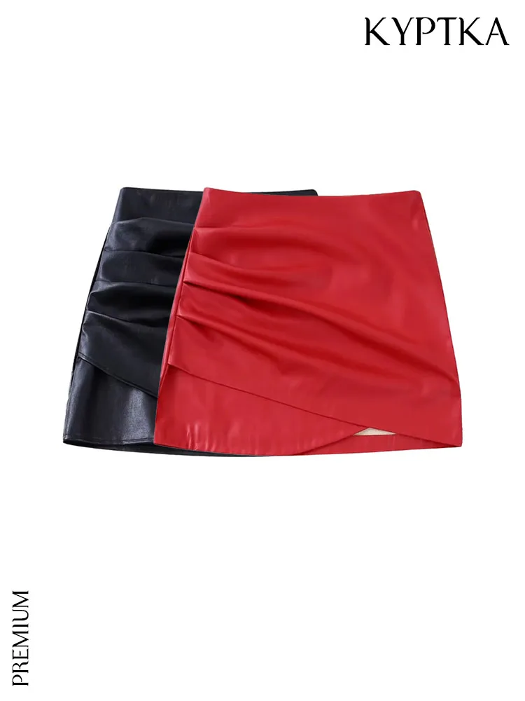 

KYPTKA Women Fashion Faux Leather Ruched Mini Skirt Vintage High Waist Side Zipper Female Skirts Mujer