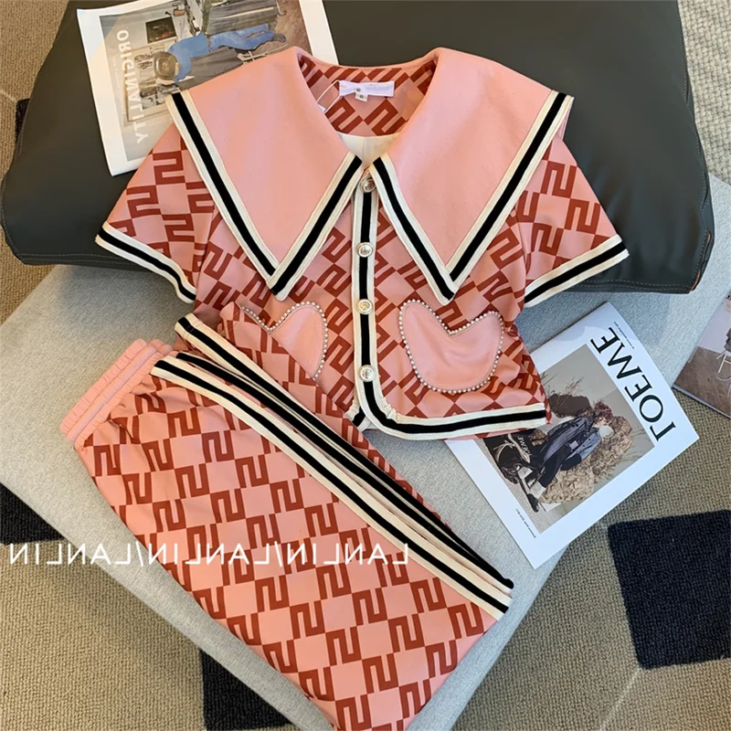 French Sweet Vintage Classic Two-piece Suit Women's Summer New Fashion Print Beaded Short Top+Casual Wide-leg Pants 2-piece Set