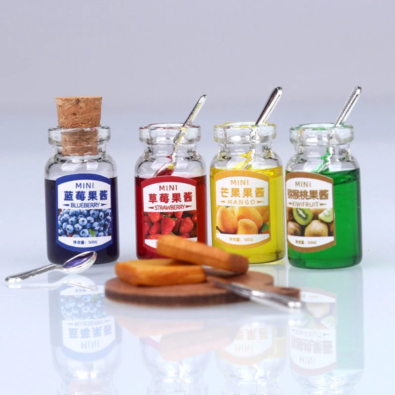 

1Set 1:12 Dollhouse Miniature Food Mini Strawberry Blueberry Kiwi Mango Sauce Jam Honey Food For Doll Kitchen Toy Accessories