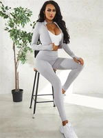 ingrily casual simple 2 piece set women summer solid zipper sporty long sleeve topsheath body shaping female activewear outfits