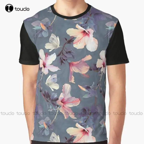 

Butterflies And Hibiscus Flowers - A Painted Pattern Graphic T-Shirt Digital Printing Tee Shirts Streetwear Xxs-5Xl New Popular