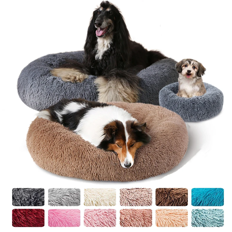 

Round Dog Bed Soft Fuzzy Long Plush kitten Bed Anti-Anxiety Donut Bed For Big Medium Small Animals Calming Puppy and Cat Bed