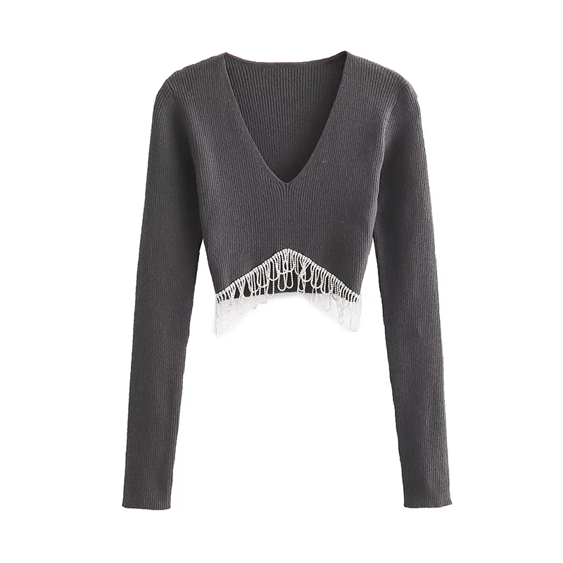 

YENKYE New Autumn Women Fringe Applique Soft Crop Sweater Long Sleeve V Neck Female Slim Pullover Tops