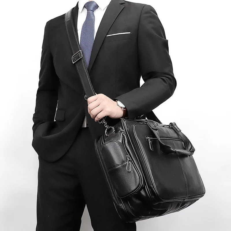 Luufan Men's Business Briefcase Soft Genuine Leather Laptop Handbag Multifunctional Cowhide Shoulder Messenge bag For Male Black