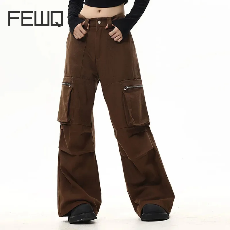 

FEWQ Men's Cargo Pants Trendy Vibe Workwear High Street Design Pleated Multiple Pockets Loose Wide Leg Straight Trousers 24X2024