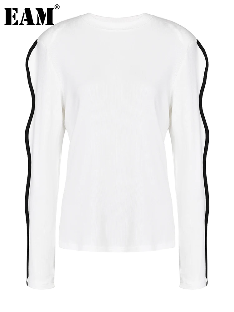 

Женская футболка [EAM], белая Повседневная футболка с круглым вырезом и длинным рукавом, весна-осень 2023, 1DF481800