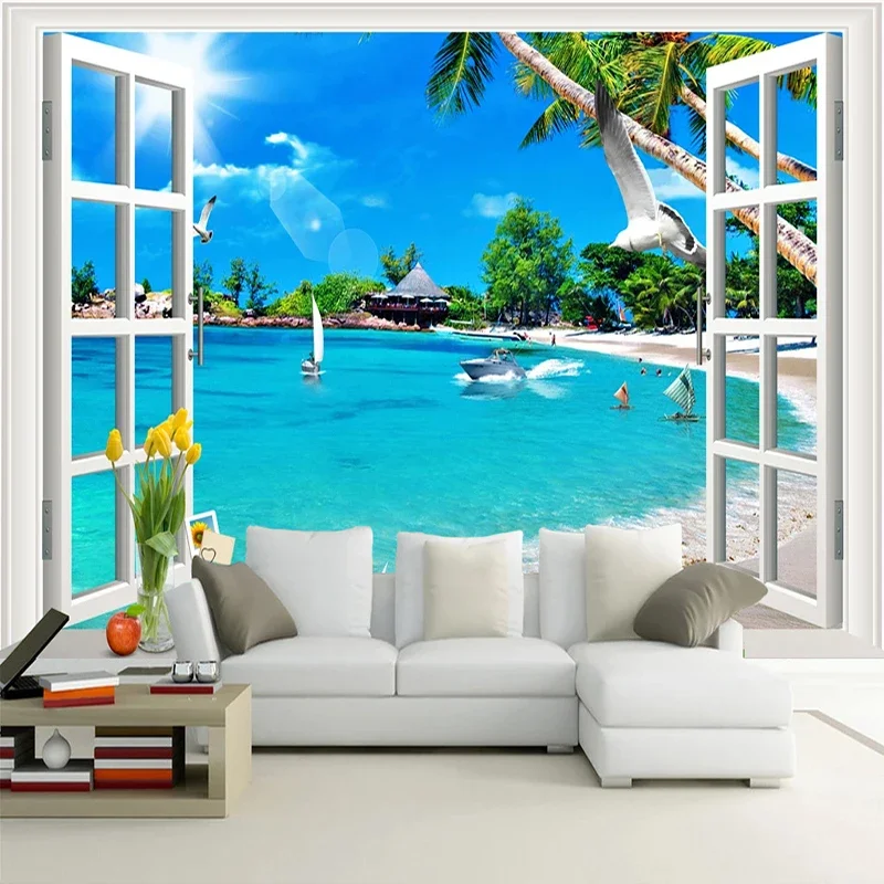 

Custom 3D Wallpaper Mural Papel De Parede 3D Window Seascape Space Expansion Photo Wall Paper For Living Room Bedroom Background