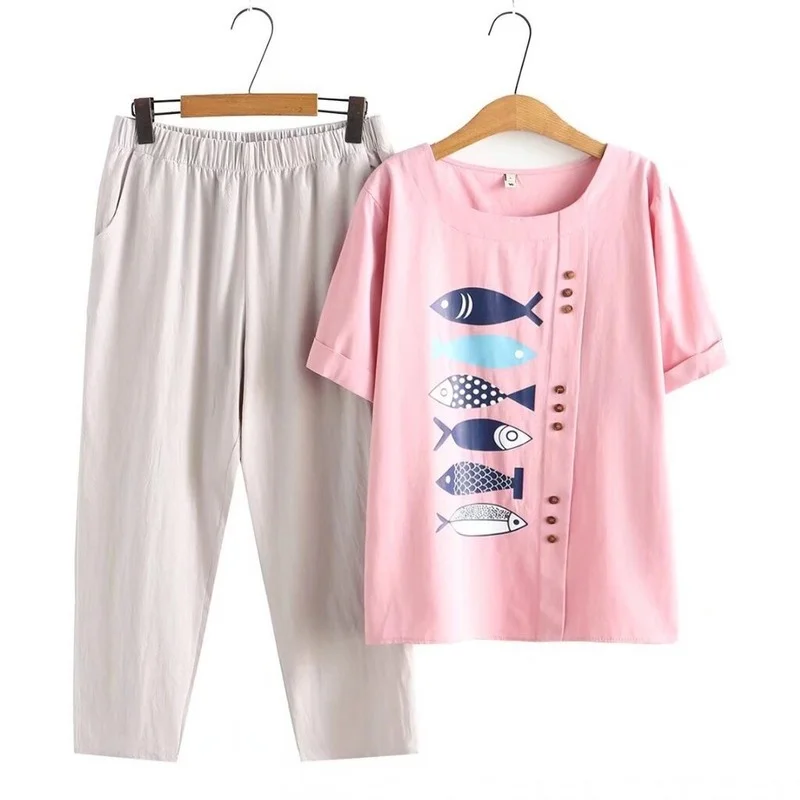 

Plus Size Women's Full Cotton Summer Sets Short Sleeve Fish Printed Tops + Elastic Waist Ankle Pants Casual Suits