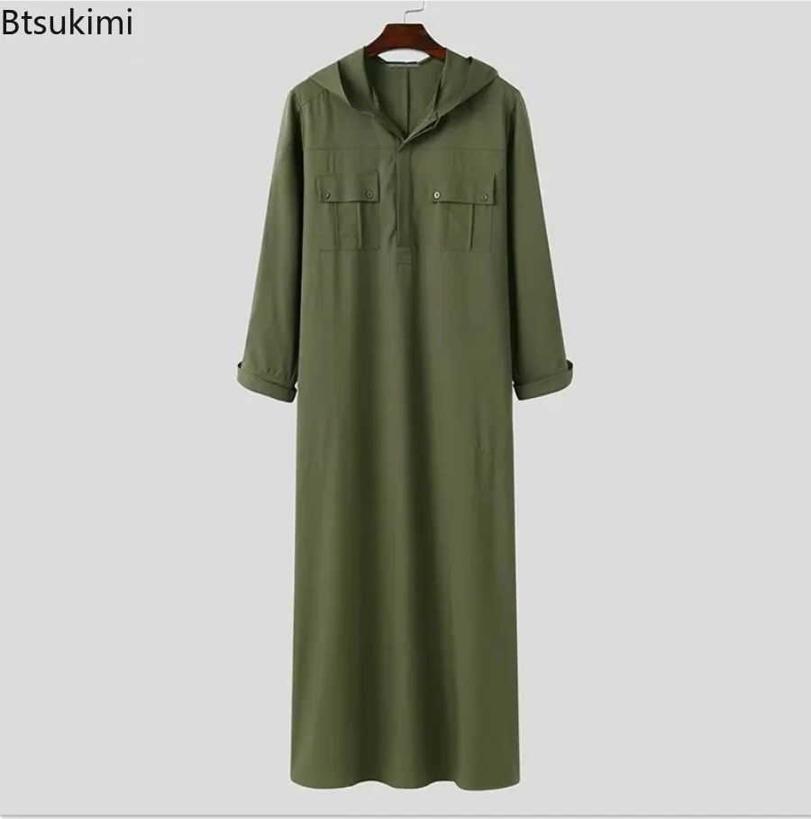 Muslim Fashion Abayas Solid Muslim Hooded Robes Multi-pockets Kaftan Middle East Buttons Jubba Thobe for Men Islamic Clothing
