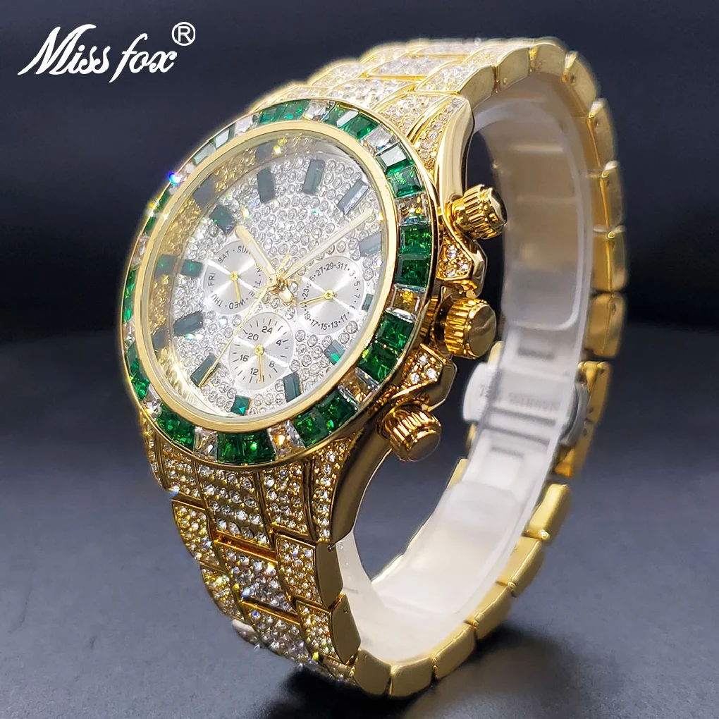 

Gold Watch For Man Green Gem Circle Chronograph Waterproof Men Quartz Watches Hip Hop Fashion Street Style Reloj Dropshipping