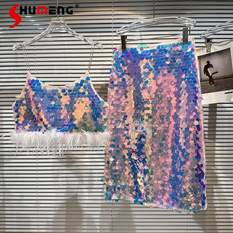 2023 Summer New Outfits Catwalk Crop Tops Hot Girl Burr Sequin Sling + Heavy Industry Midi Skirt Two Piece Suit for Women