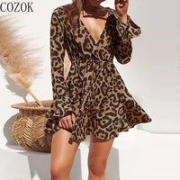 cozok 2022 summer sexy v neck leopard print long sleeve chiffon dress women