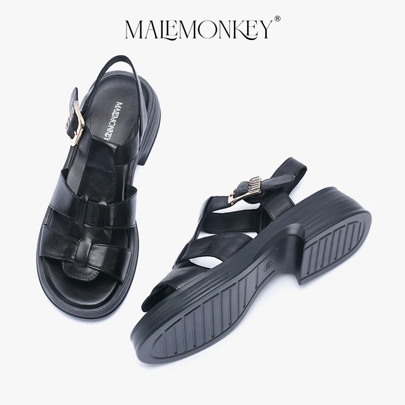 High Quality Platform Roman Sandals Women Leather 2023 Summer Retro Non-slip Sandals Round Toe Chunky Heel Female Shoes Handmade
