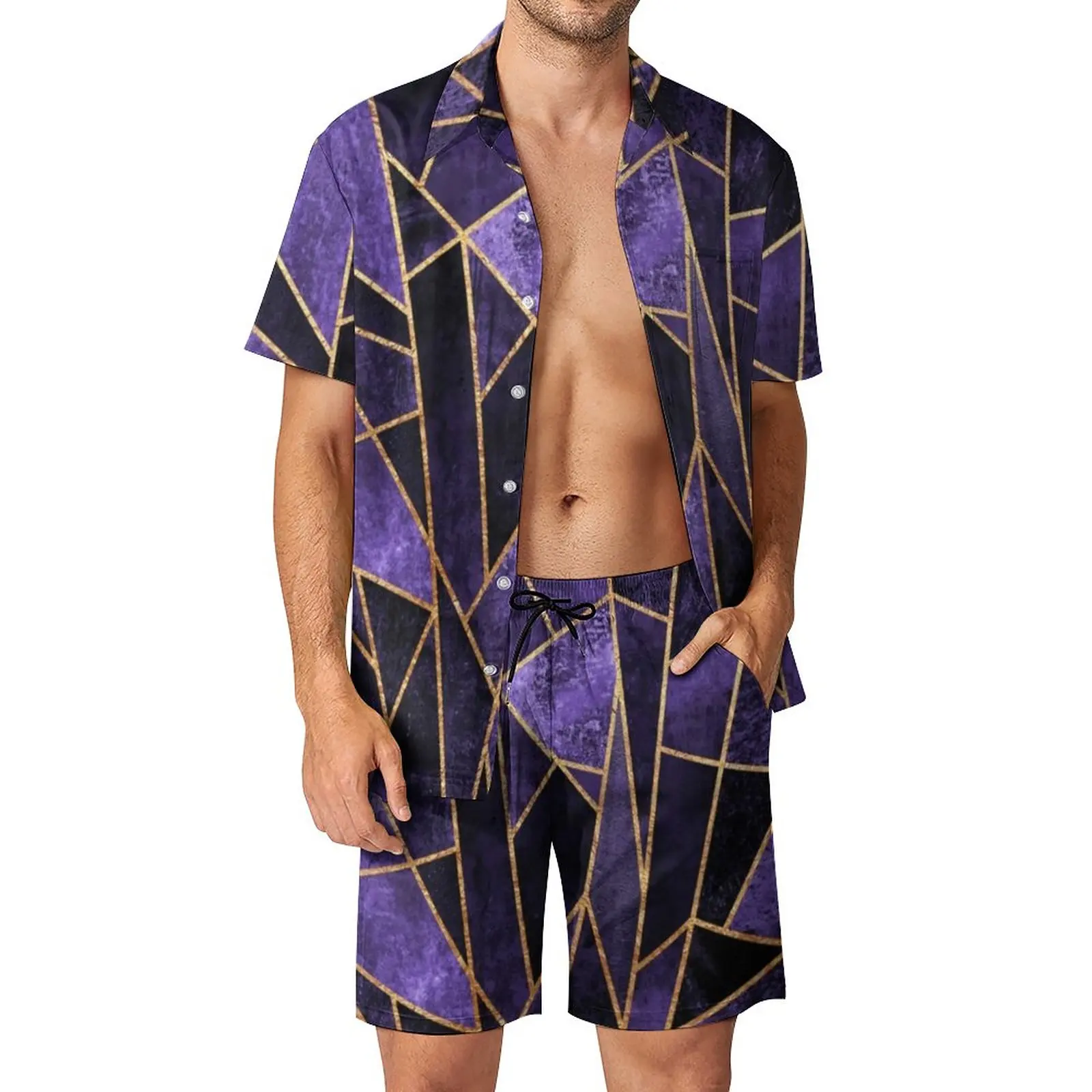 

Abstract Geometry Men Sets Shattered Amethyst Cool Casual Shirt Set Short Sleeve Graphic Shorts Summer Beach Suit Plus Size