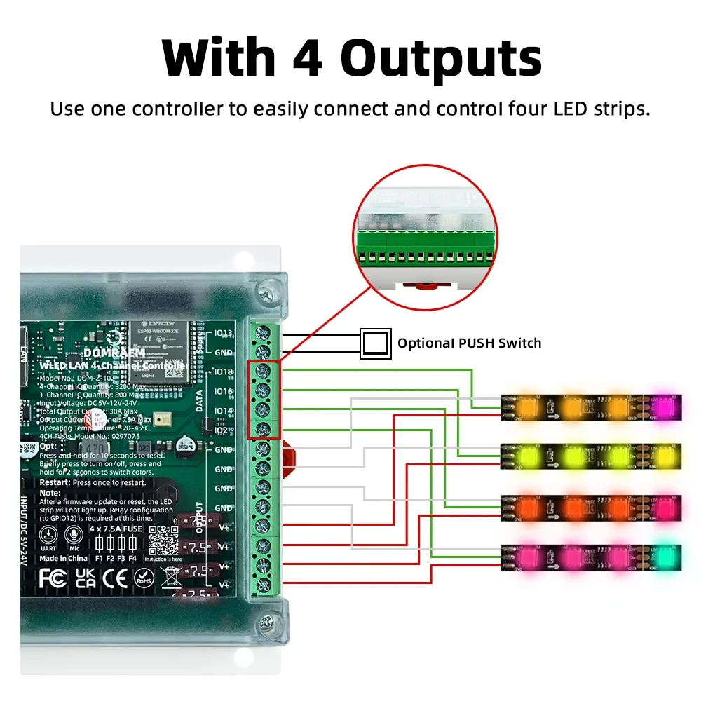 Фото НОВИНКА 2026: 4-канальный контроллер ESP32 Ethernet WLED с независимыми предохранителями 20А/30А для монтажа на DIN-рейку, DIY WiFi синхронизация музыки для светодиодных лент WS2811/12 RGB №3