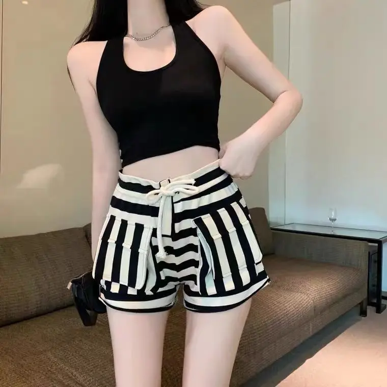 Striped Casual Shorts for Women 2023 New Summer Elastic Waist Loose Wide Leg Track Sweatpants Girls Students Short Femme