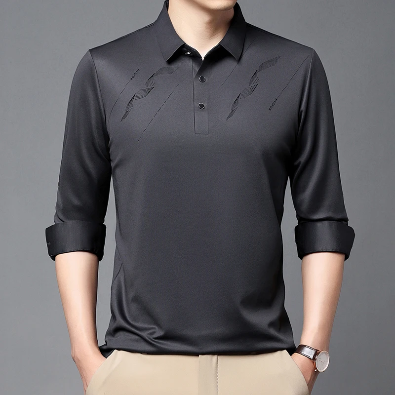 

Men Smart Casual Polo Shirts Navy Blue Green Gray Black Coffee Turn Down Collar Long Sleeve Tops Shadow Pattern Blouses 2023
