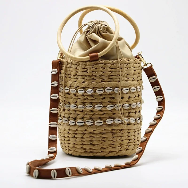 

Ethnic style 2021 woven bag rattan woven ring shell shoulder handbag handmade straw woven bucket bag