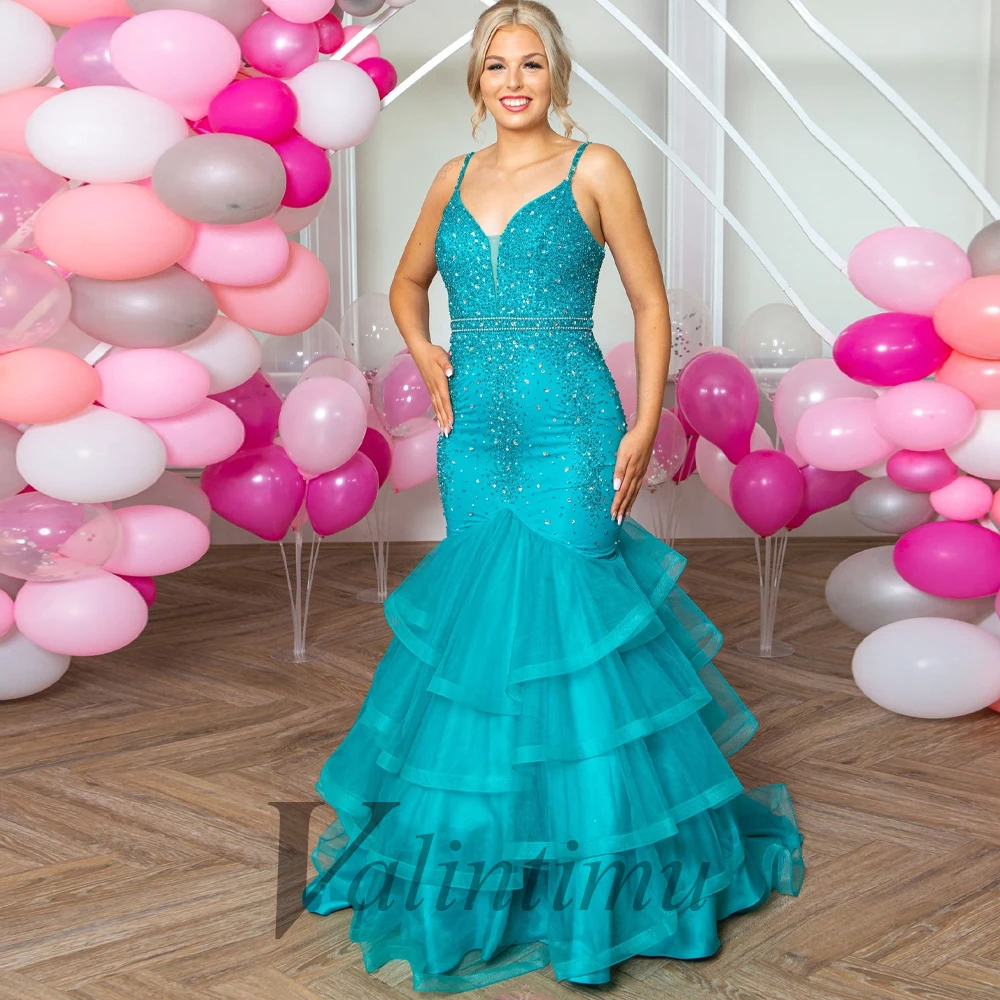 

Valintimu Glamorous Mermaid V-Neck Luxury Celebrity Gown Evening Dress Beadings Crystals Customised Chapel Train Abendkleider